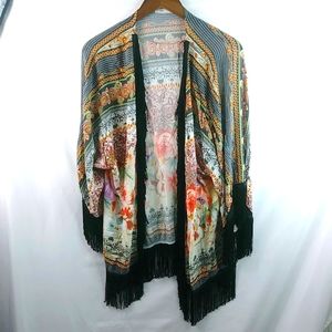 Guararapes Brazil Asian Vibe Open Front Fringe Shawl Duster Top